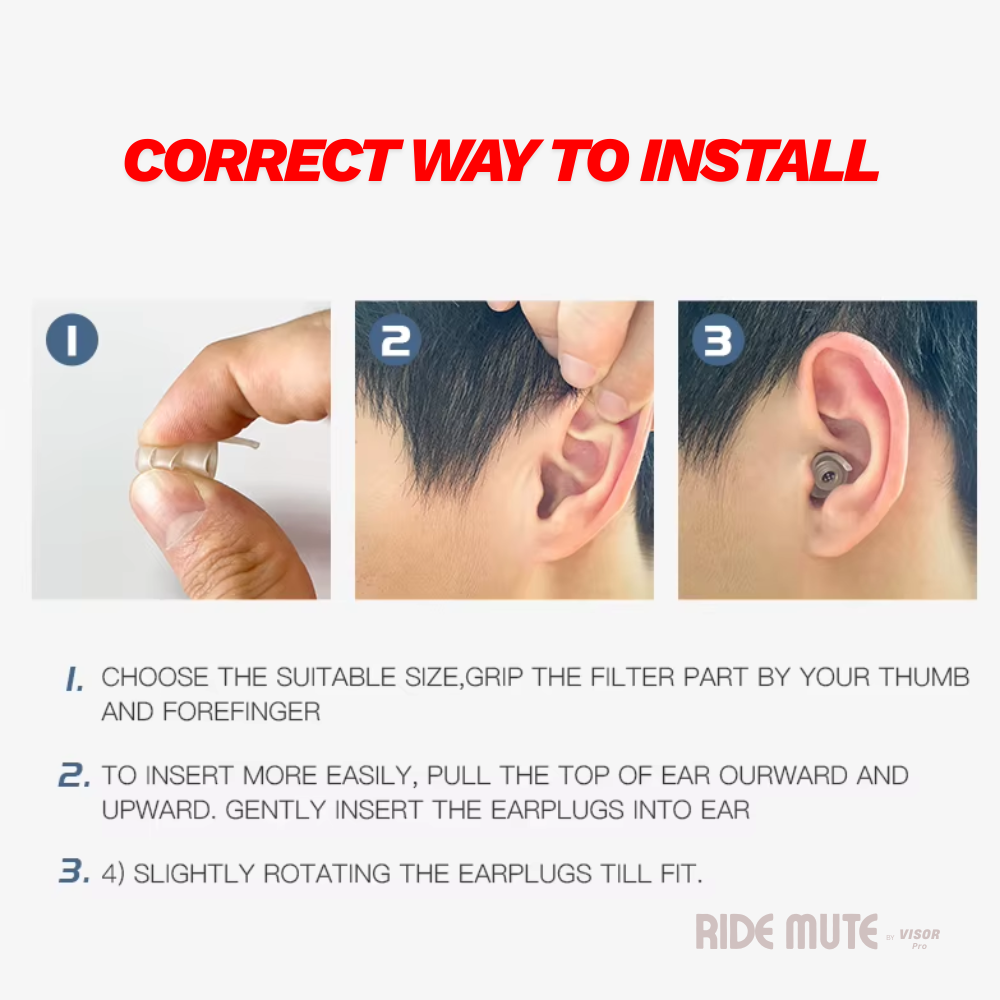 Earplugs for Motorcyclists Riding RIDE MUTE Level 1 by VisorPro , Wind Reduction with Music Pass-through